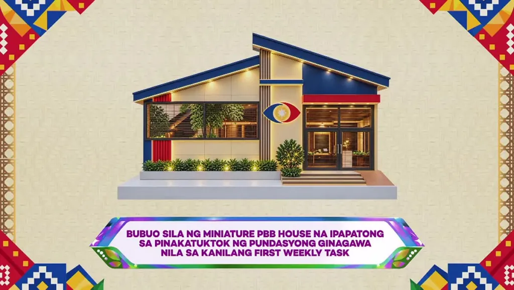 Graphic ng PBB Collab 3.0 na nagpapakita ng miniature PBB house na secret task nina Mikee at Robbie